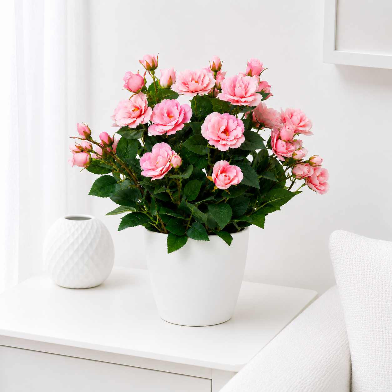 Tradingcove Artificial Pink Rose Potted Plant in White Plastic Pot