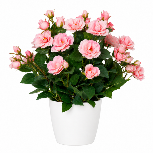 Tradingcove Artificial Pink Rose Potted Plant in White Plastic Pot